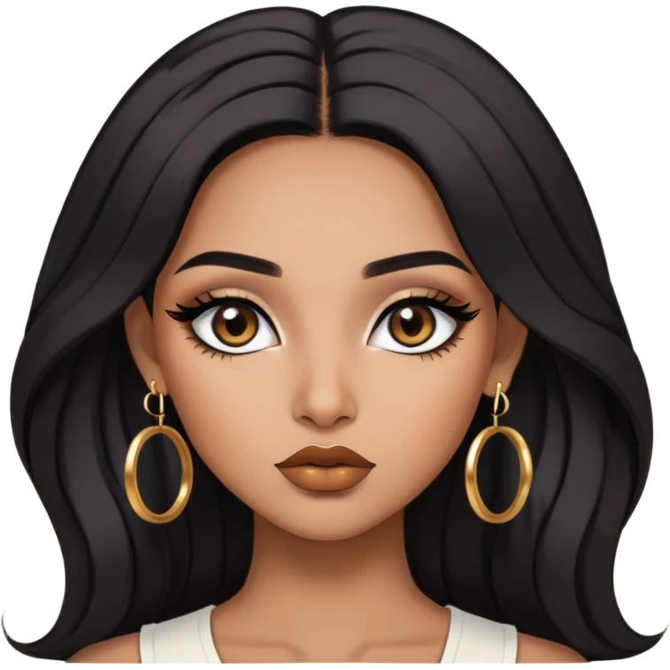 indian girl, brown skin, long black voluminous hair, brown underneath colored hair, baddie,pretty, makeup, lipliner, black eyeliner, gold hoop earrings, white top emoji