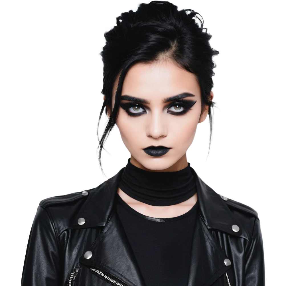 Chucky's bride in a black dress and black leather jacket, heavy dark eye makeup emoji