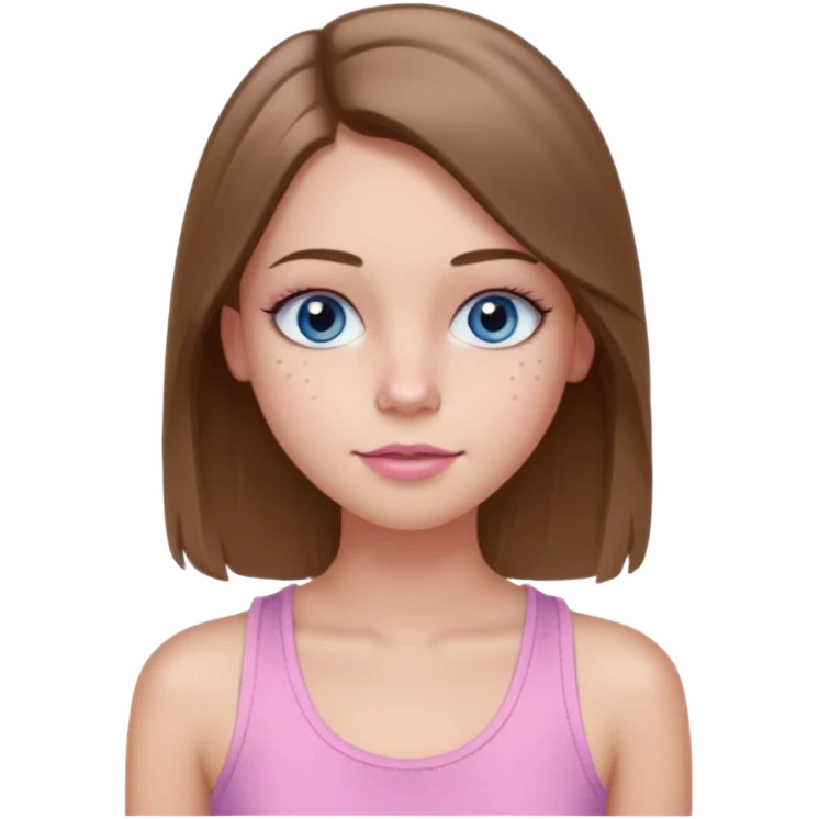 Create a TEENAGE girl with LONG and straight light brunette hair with a MIDDLE PART, light skin, light freckles, and blue-gray eyes. She will have pink lips and LONG eyelashes. She will be wearing a light pink tank top emoji