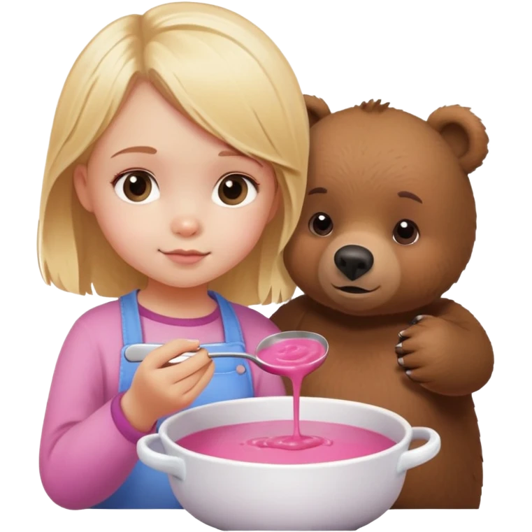 A little blonde girl stirring pink soup with a brown bear next to her emoji
