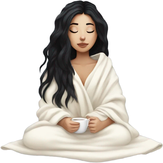Pale Girl with black hair cozy in a white kblanket seeping tea  emoji