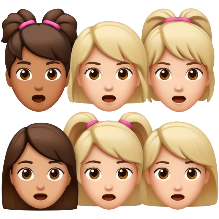 Surprised expression with exclamation mark, then three girl emojis in different hairstyles emoji
