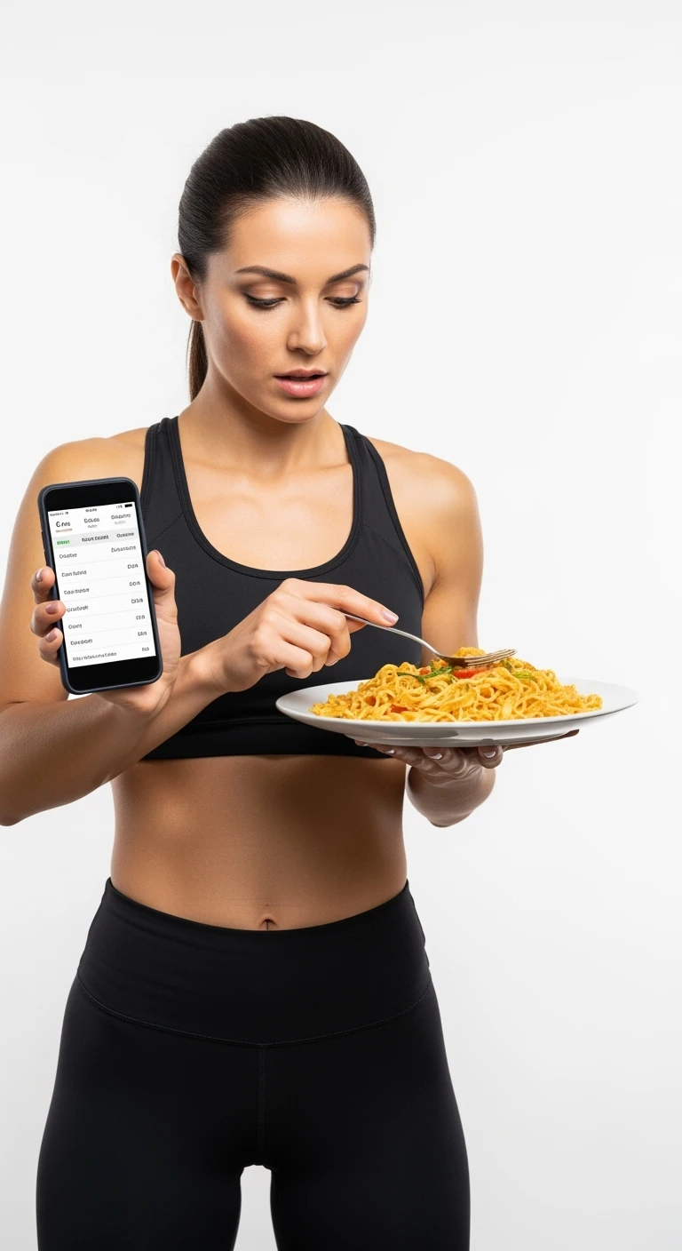 donna fitness che calcola ossessivamente le calorie di quello che sta mangiando: in mano ha un piatto di pasta e nell'altra mano ha lo smartphone per segnare tutti gli alimenti, sfondo bianco emoji