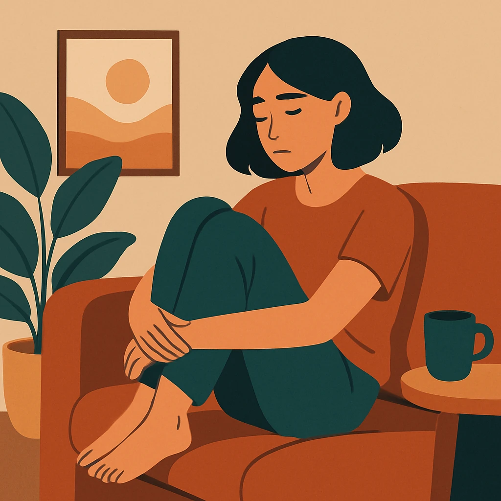 modern flat-toon style illustration of a woman relaxing alone with an introspective vibe emoji
