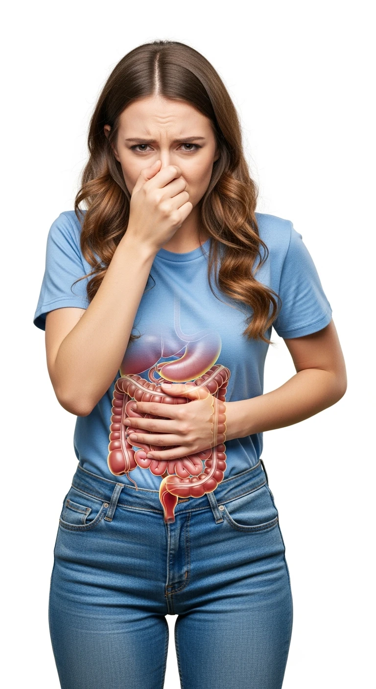 DONNA CHE SI TIENE LA PANCIA CON LA MANO E SI TAPPA IL NASO PER LA PUZZA, INTESTINO UMANO ANATOMICO IN EVIDENZA, ISOLATA SU SFONDO BIANCO emoji