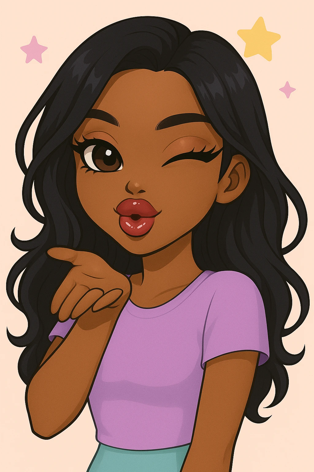 Remove any hats, ensure she is winking while blowing a kiss, headshot only, 20-year-old anime Bratz style woman with dark skin, dark hair, cute pastel Y2K look, big expressive eyes, glossy lips, happy expression, no tears. Style: anime Bratz. emoji