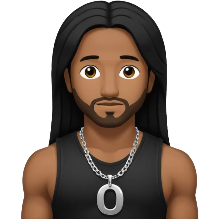 Omarion medium dark skin, long black hair, black tank top with necklace with letter o emoji