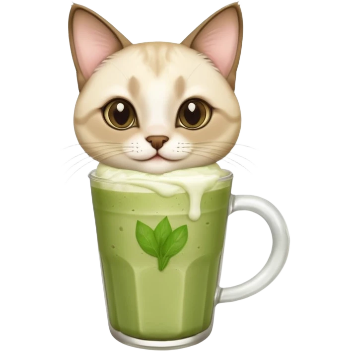 Happy Siamese Cat holding in its paws an iced matcha latte emoji