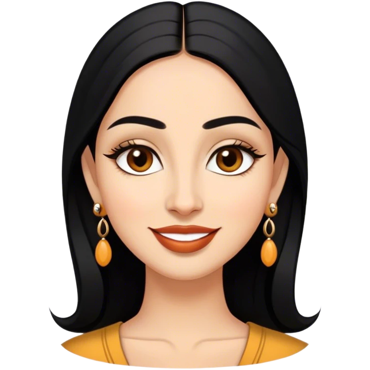 Oval face, warm medium skin, large almond-shaped dark brown eyes, naturally arched eyebrows, full lips, long sleek black hair, small black bindi, statement earrings, and a confident smile. emoji