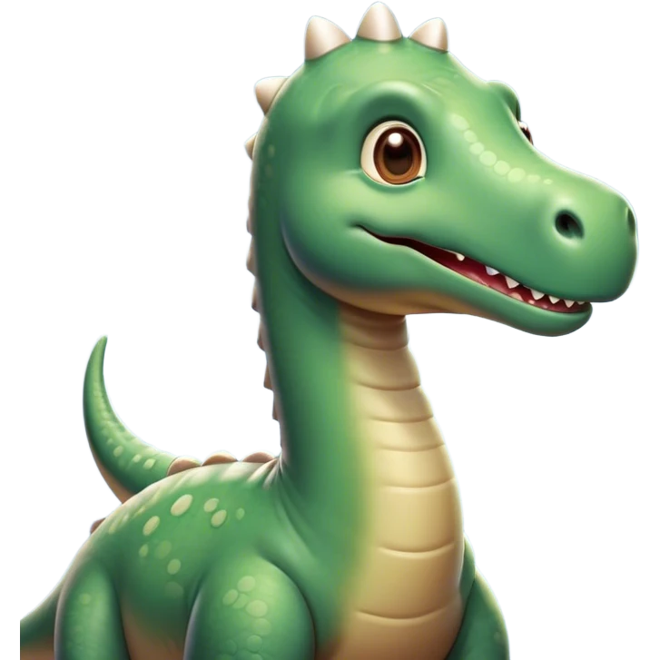 Cinematic Cute Brontosaurus Portrait Emoji, Head tilted playfully with a gentle smile, featuring a charming, massive form with an elongated neck and a small, endearing head adorned with bright, curious eyes, Simplified yet irresistibly adorable features, highly detailed, glowing with a warm, inviting prehistoric glow, high shine, affectionate and lively, stylized with a touch of whimsical ancient charm, soft glowing outline, capturing the essence of a playful Brontosaurus that seems as if it could amble out of the screen into your arms! emoji