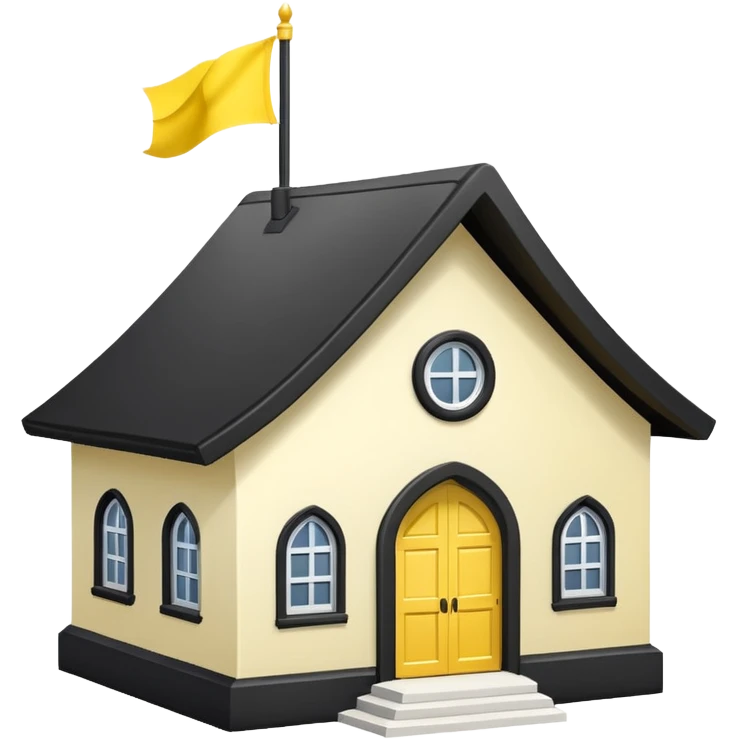 simple magic school, white background, magic school, black roof, with a big flag, big flag on a roof, big yellow flag, white school emoji