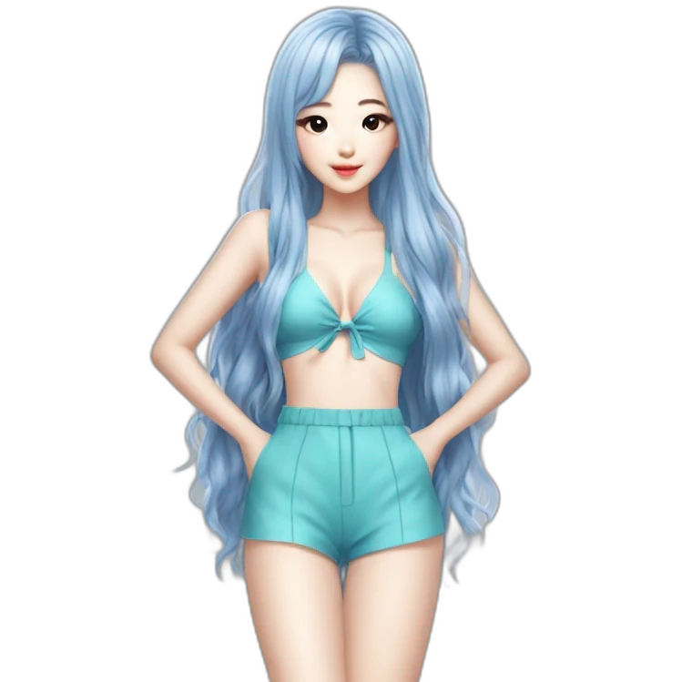 asian korean girl, beach suit, kpop idol, full body, trendy hairstyle, pretty girl silver blue hair emoji