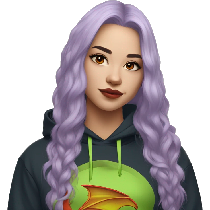 Lady with brunette and iridescent blue hair, gold, lime green dragon wings, maroon hoodie, 420, black and gold Nike t shirt, and bright red eyes emoji
