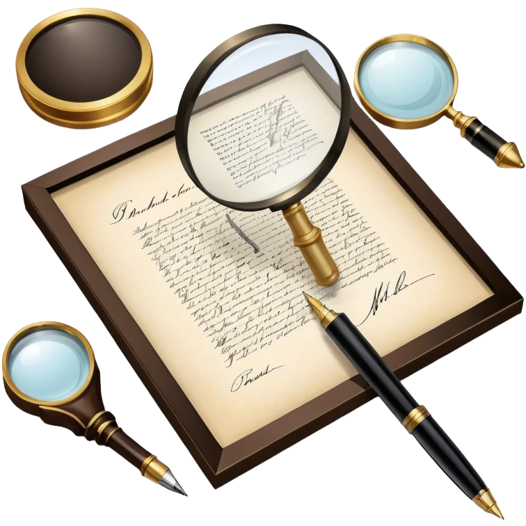 Icon for Autograph Collecting: a signed piece of paper or book page with a famous signature, surrounded by a pen, a magnifying glass, and a collection of framed autographs. Transparent background. emoji