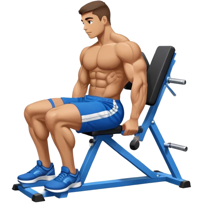 side-view bodybuilder in blue shorts seated weighted calf-raise machine on his tip toes emoji