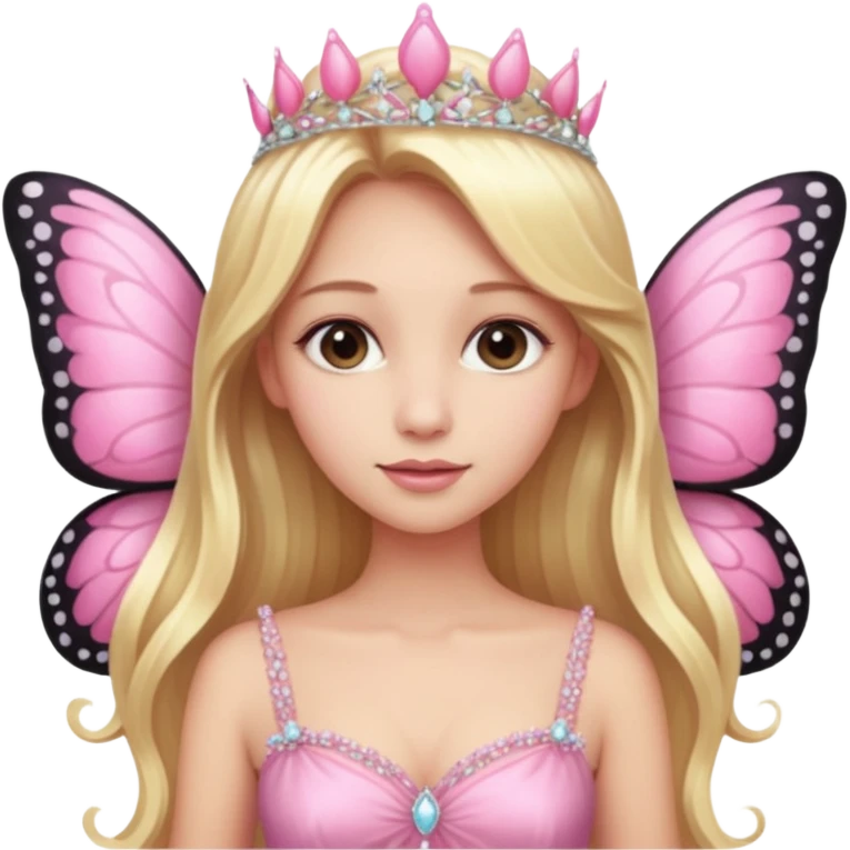 Detailed pink dress, long blonde hair, pink butterfly wings emoji