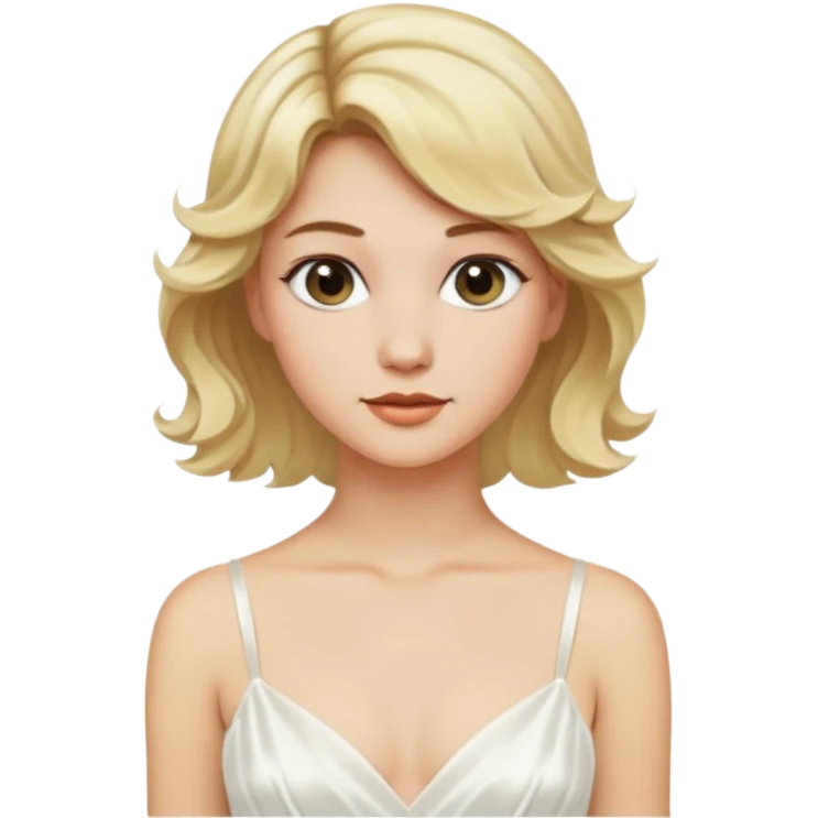 Bride with short wavy blonde hair, pink background and white silk chemise dress emoji
