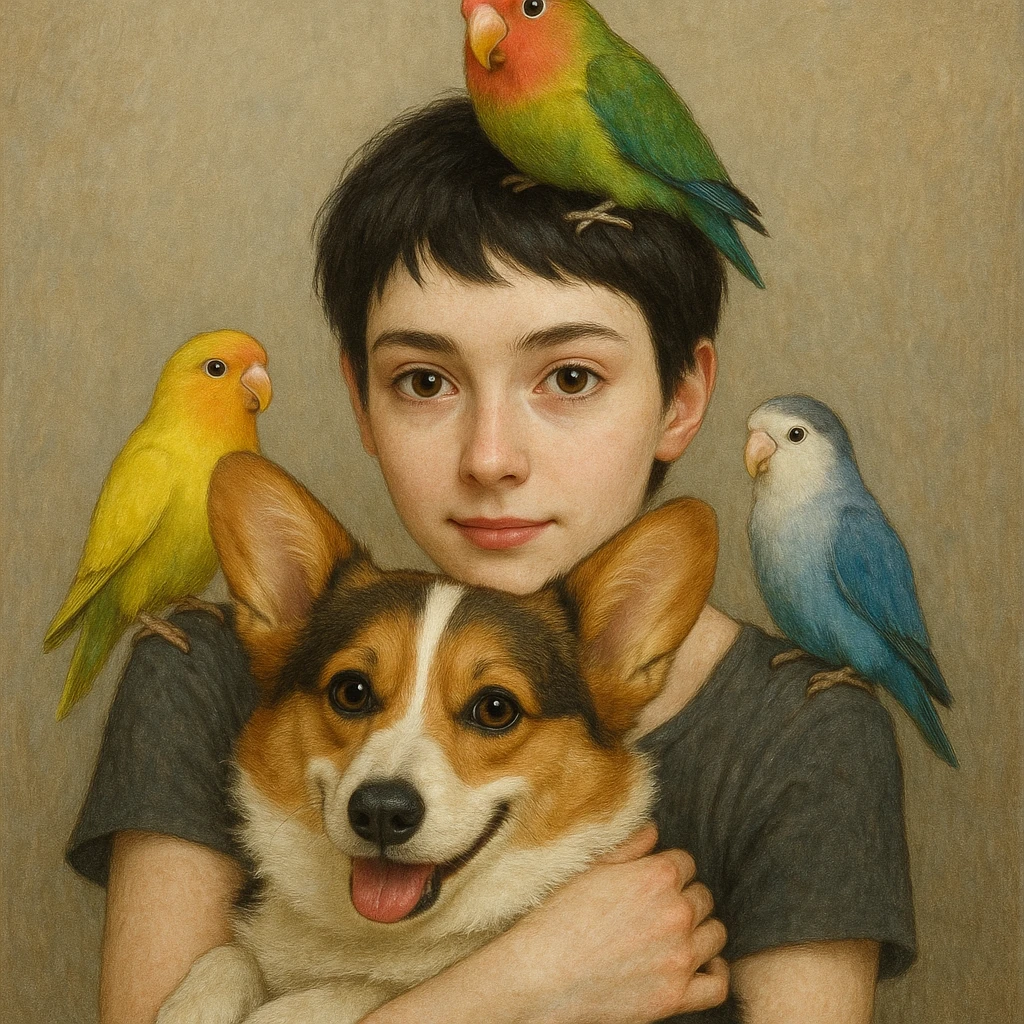 Dark short hair, dark brown eyes with pale skin and thin eyebrows girl hugging a welsh corgi. And a green-reddish lovebird on her head with yellow, blue love birds around her. emoji