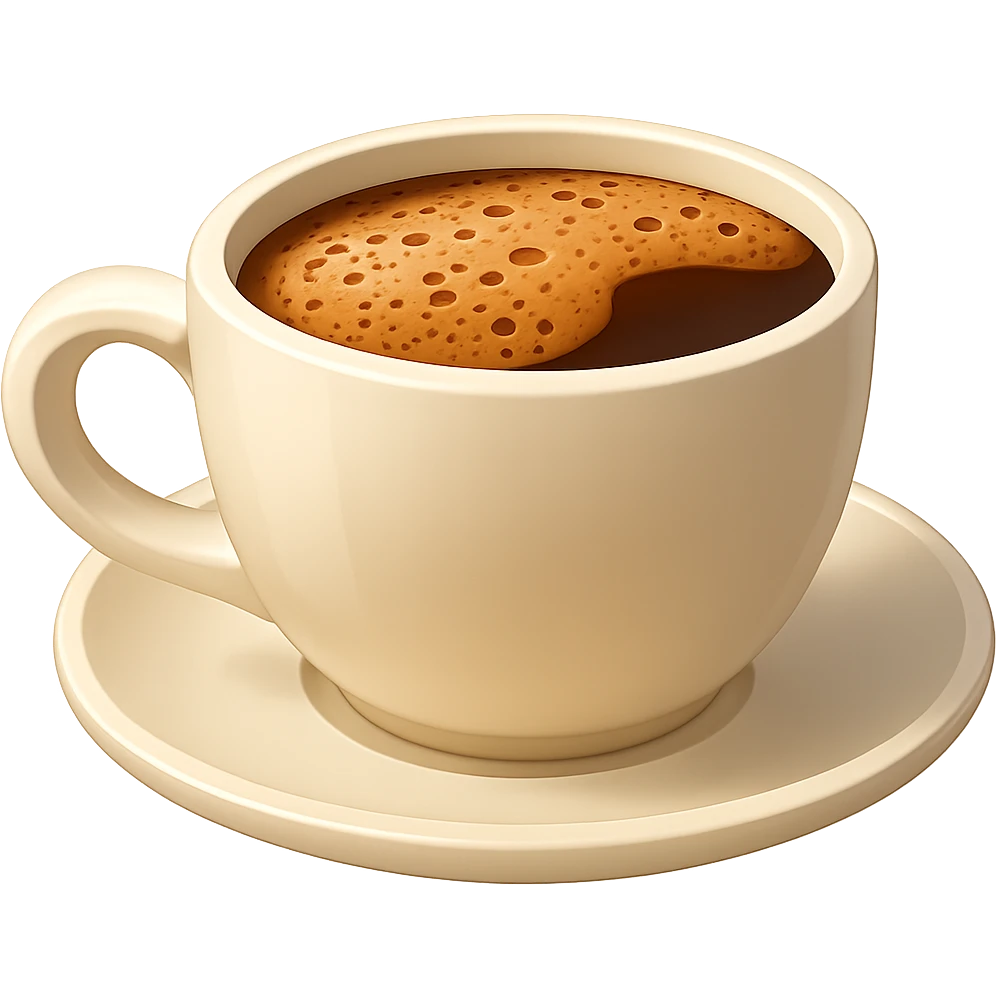 Create an emoji style coffee cup on a plate with a foamy coffee surface. No face on the cup. Match the shading and lighting of the reference image as closely as possible. Remove the background entirely. emoji