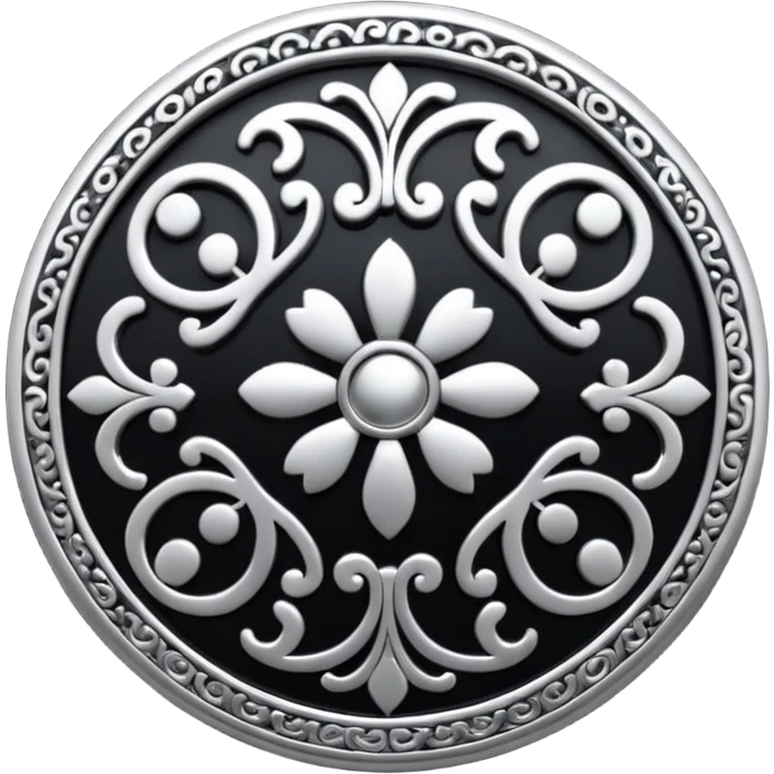 Black and silver filigree round button, 3D, extremely detailed design emoji