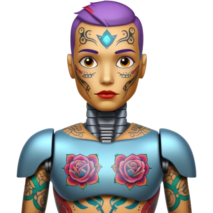Tatooed robot, big many tatooes on chest, neck and face emoji