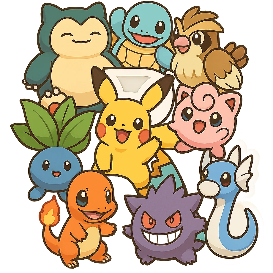 The letter R formed out of various Pokémon characters, playful and colorful style, vibrant and fun emoji