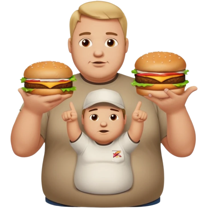 A very fat guy in an Alex Zero T-shirt, holding burgers, giving likes and dislikes, and pointing at KFC. emoji