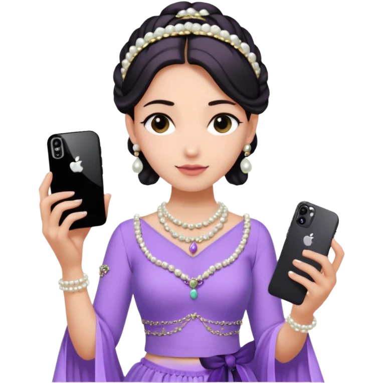 Make a girl standing in mirror in lavender lengha holding a iphone 16 pro max make her hair tie back side and a white pearl necklace  emoji