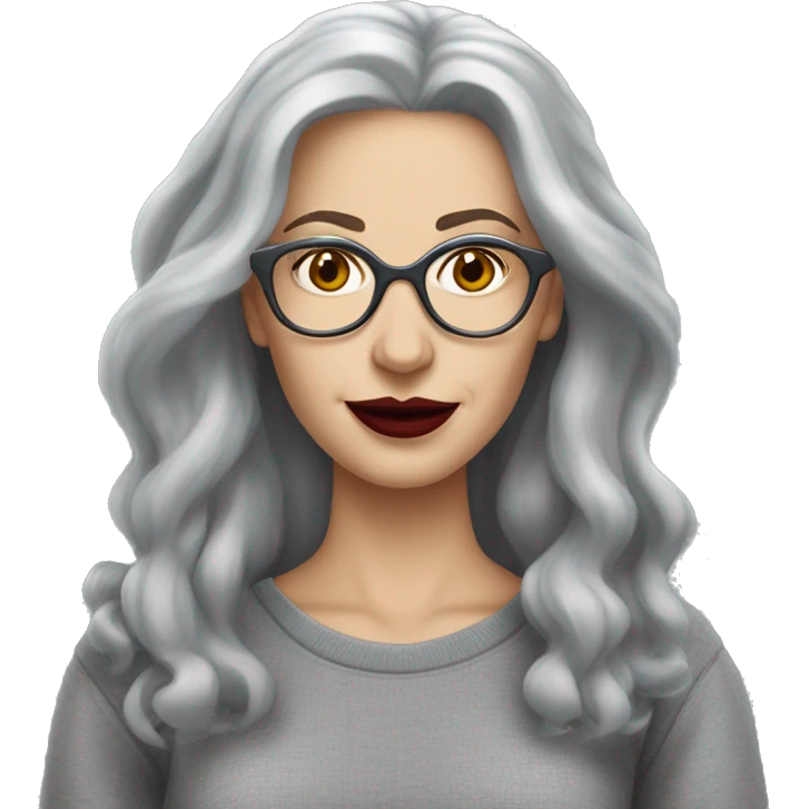 Attractive Caucasian woman with long grey hair, wearing wire frame glasses, dark red lipstick, and a grey sweatshirt, she had French facial features  emoji
