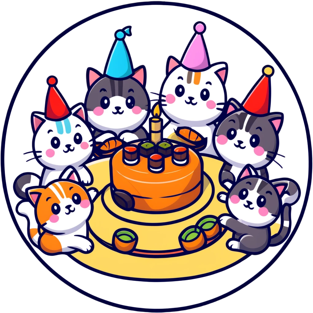 six different cats arranged in a circle, celebrating with party hats, each cat holding a piece of sushi, birthday cake in the center emoji