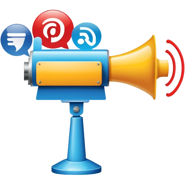 An icon featuring a megaphone, a press release, and a social media icon, symbolizing advertising and public relations. The design includes a billboard and communication network lines, representing brand promotion and media outreach. Transparent background highlights the power of communication. emoji