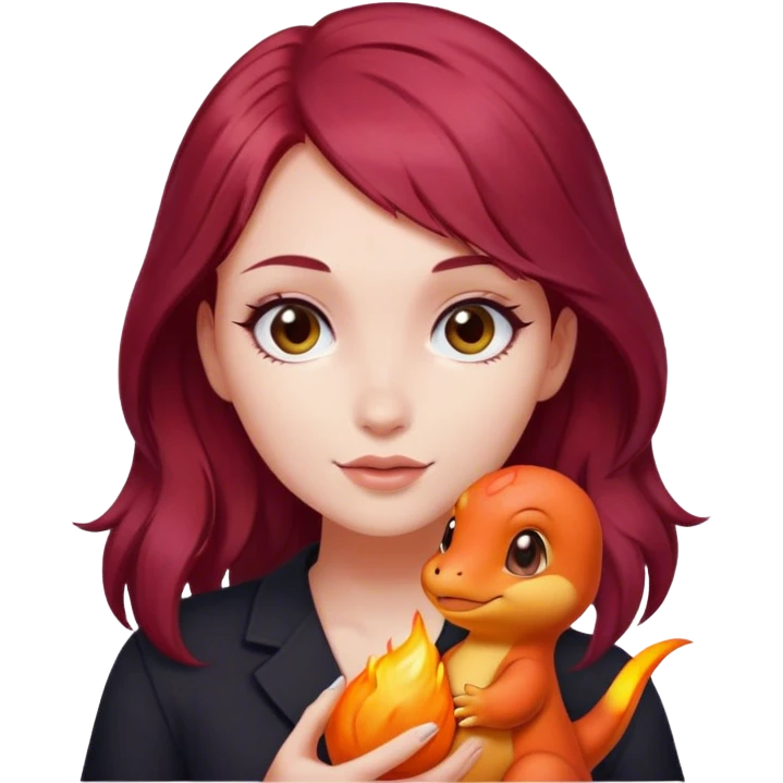 Beautiful burgundy haired girl holding charmander emoji