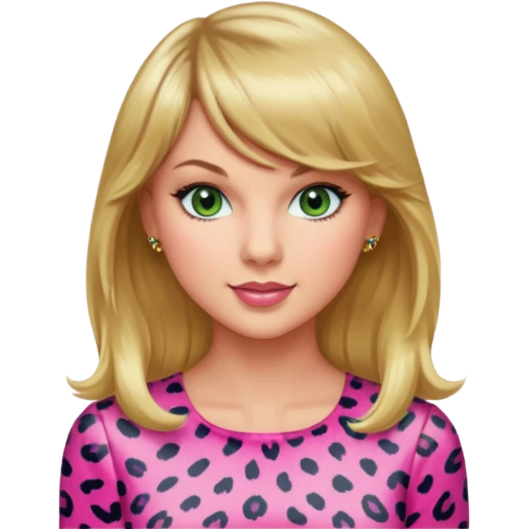 Long haired with bangs that frame her face, Green eyed, smiling Taylor Swift wearing a pink leopard print dress with long golden blond hair emoji
