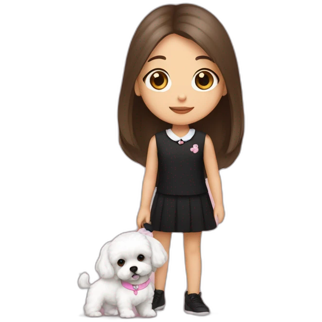 girl brunette with long straight hair dressed in black top hold on the hand, dressed small white puppy girl maltipoo with pink collar emoji