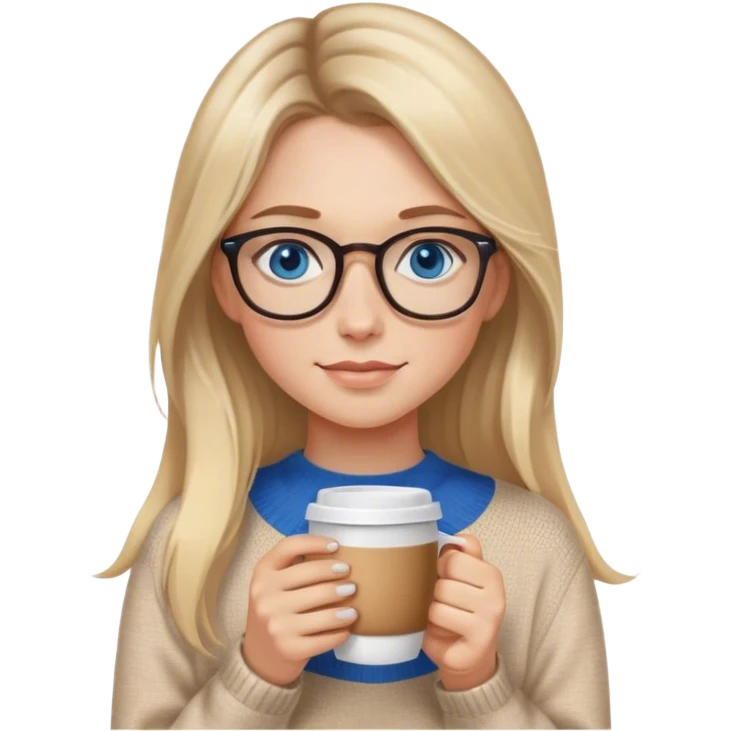 Blonde balayage long hair white women beige sweater blue eyes and small glasses holding coffee emoji