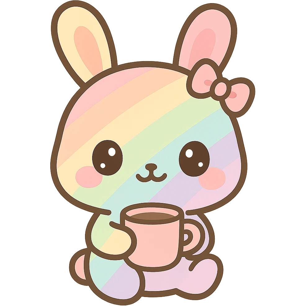rainbow-hued stitched cartoon bunny girl sipping coffee, big eyes, sweet expression emoji