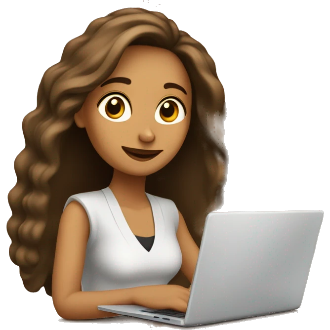 mujer con pelo cafe largo con lapto emoji