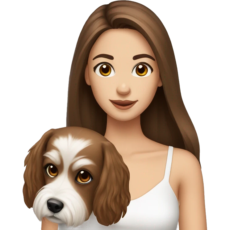 beautiful woman, straight long medium brown hair, brown eyes With Maltese dog emoji