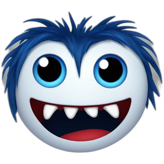 fuzzy creepy smile creature with sharp teeth dark blue hair red lips emoji