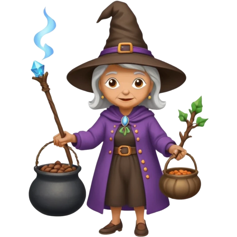 A grandma walking with a magic wand and a cauldron while holding a can of beans emoji