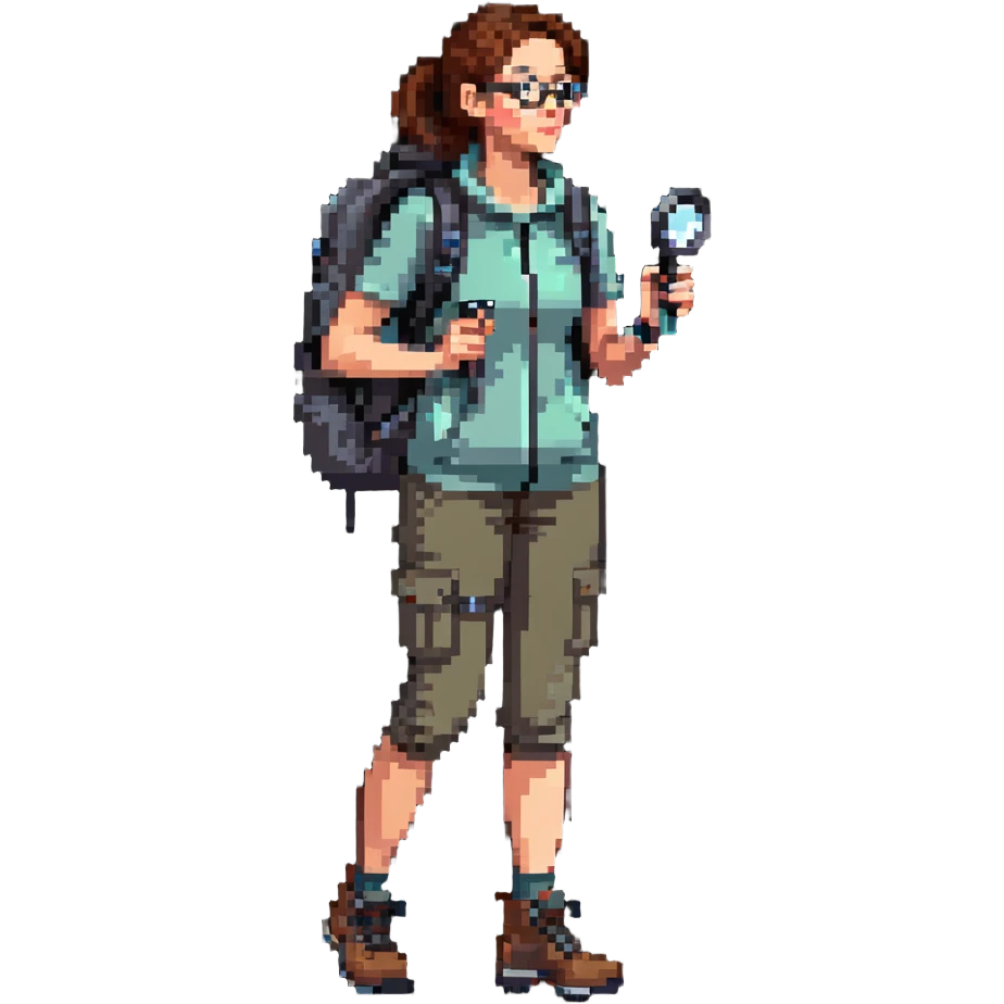 Very happy excited woman in her 40s with glasses wearing sporty outfit, hiking boots, and backpack, holding a magnifying glass emoji