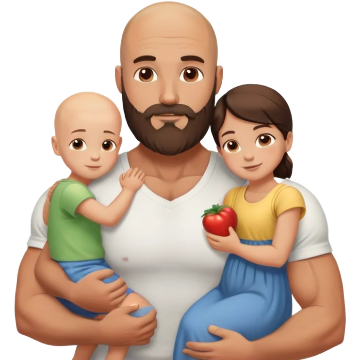 Muscular Bald man with a beard embracing his young beautiful brunette wife and their 3 sons emoji