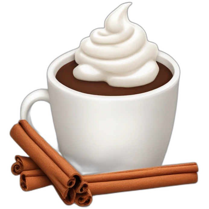 white mug of hot chocolate with whipped cream and cinnamon emoji