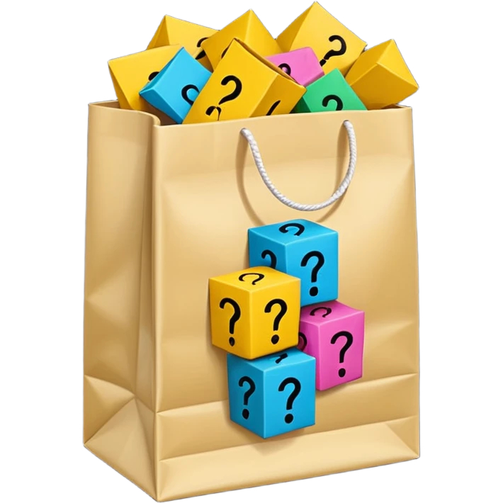 White bag with yellow questions mark cube boxes stuffed in it emoji
