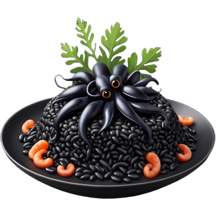 cinematic-realistic-black-risotto-dish-emoji,-showcasing-small black squid pieces-rendered-with-bold-textures-and-dynamic,-dramatic-lighting. emoji