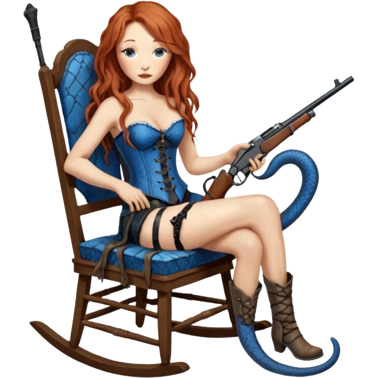 realistic cinematic Tori Amos sits on a rocking chair in a torn corset, holding an antique rifle and her bare feet are muddy. A blue snake is wrapped around the chair. emoji