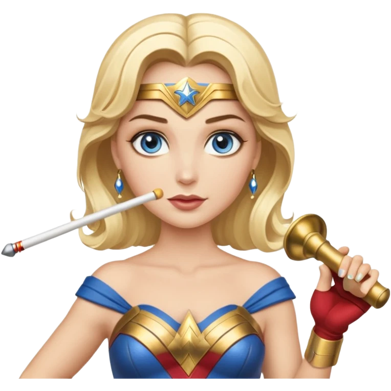 Blonde blue eyed Wonder Woman holding white orchestra conductor’s baton and bell emoji