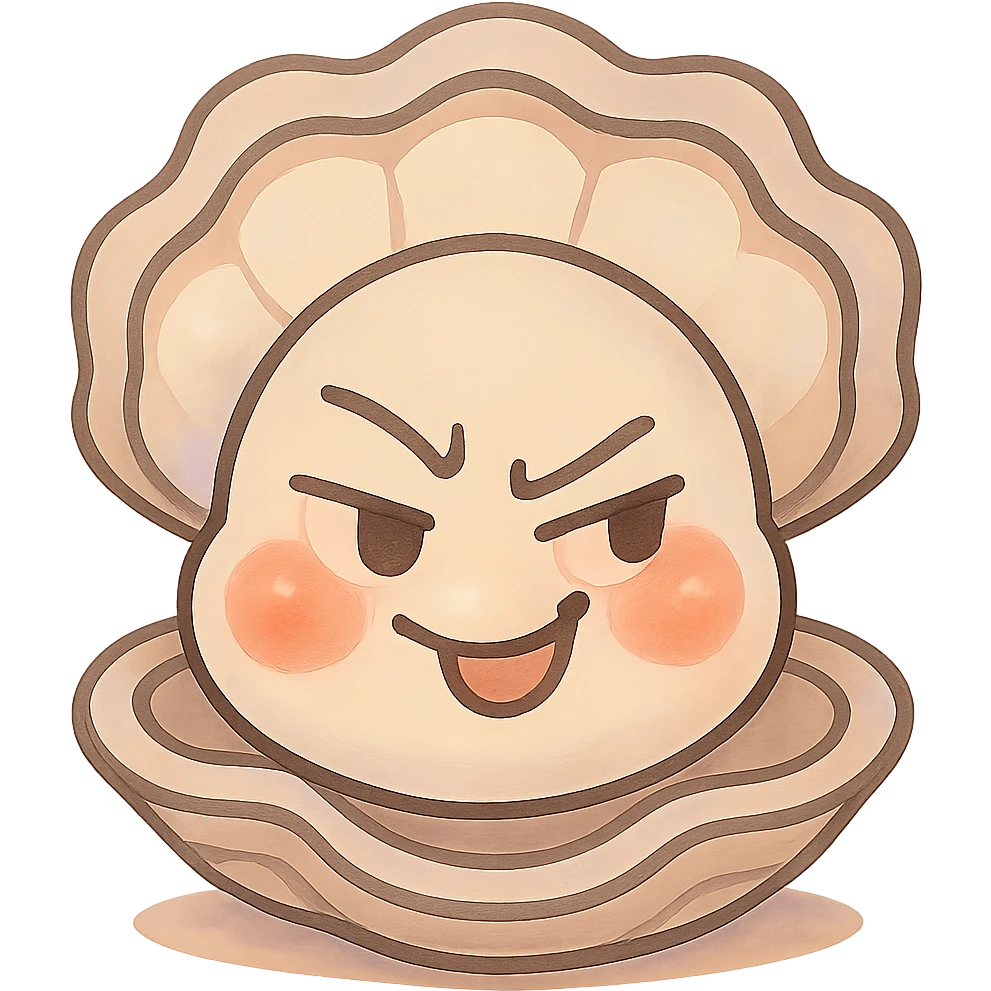 Enhance the cute oyster by adding subtle pastel highlights, accentuating the cream and greige effect, strengthening the pearly effect of the shell, making the red cheeks more natural and luminous, while keeping the mischievous expression and transparent background. Maintain the overall style and delicate details of the original image. emoji