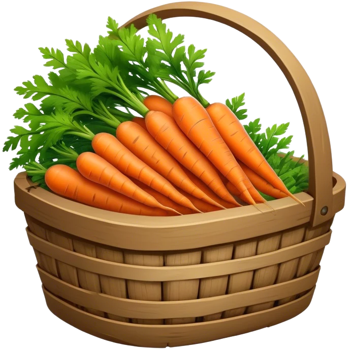 Cinematic vibrant orange carrot, crisp and fresh, slightly twisted with green leafy tops, arranged in a rustic wooden basket, natural and inviting. emoji