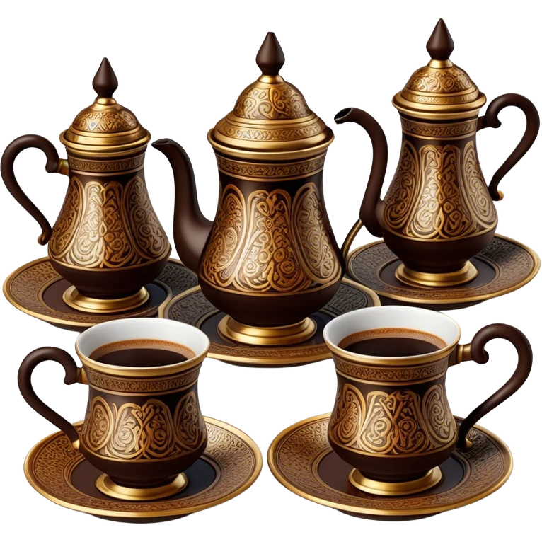 Turkish Coffee Set – Cinematic Realistic Turkish Coffee Set, depicted as an elegantly arranged ensemble of ornate coffee cups and a traditional cezve pot, adorned with intricate patterns and rich, warm colors, rendered with detailed textures and soft ambient lighting that captures its cultural heritage. emoji